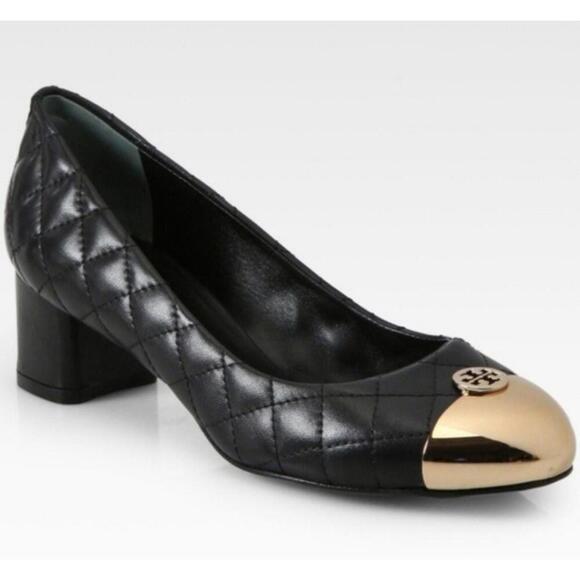 Tory Burch shoes womens 5 black quilted leather pumps gold cap toe designer - Picture 3 of 8